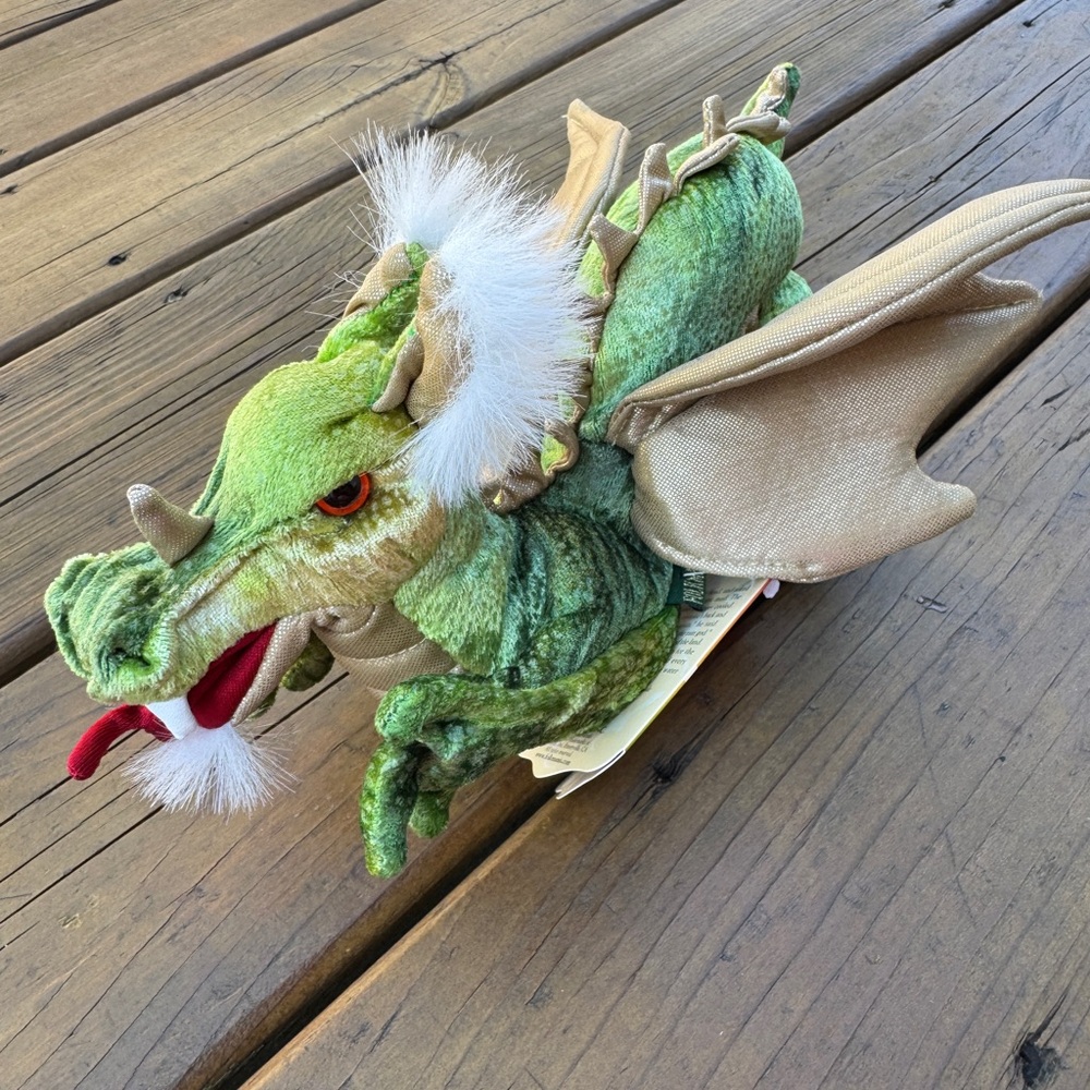Folkmanis Dragon Finger Puppet Plush Green & Shiny Gold 11” Beautiful